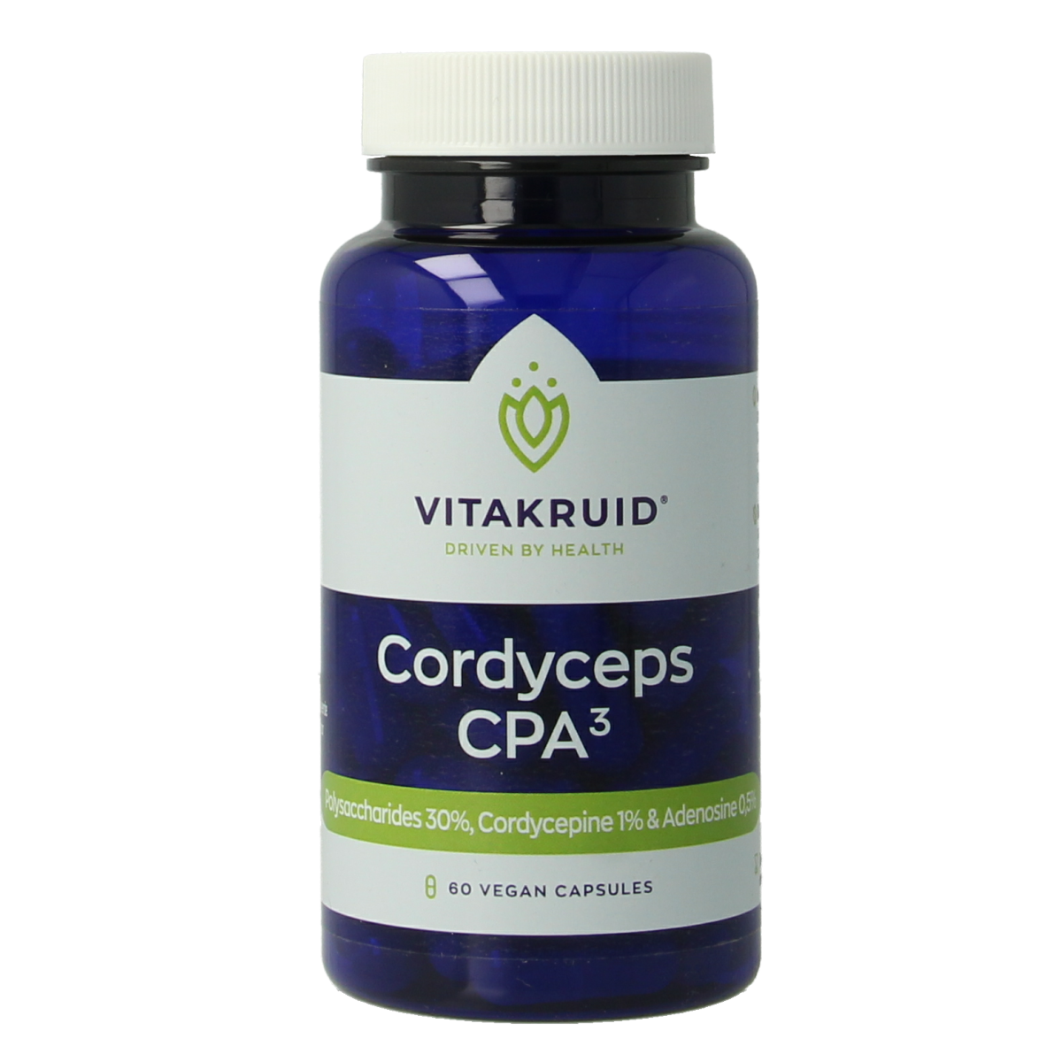 Vitakruid Cordyceps CPA3 mycelium extract vegetarian capsules in a bottle, showing capsules and product label.