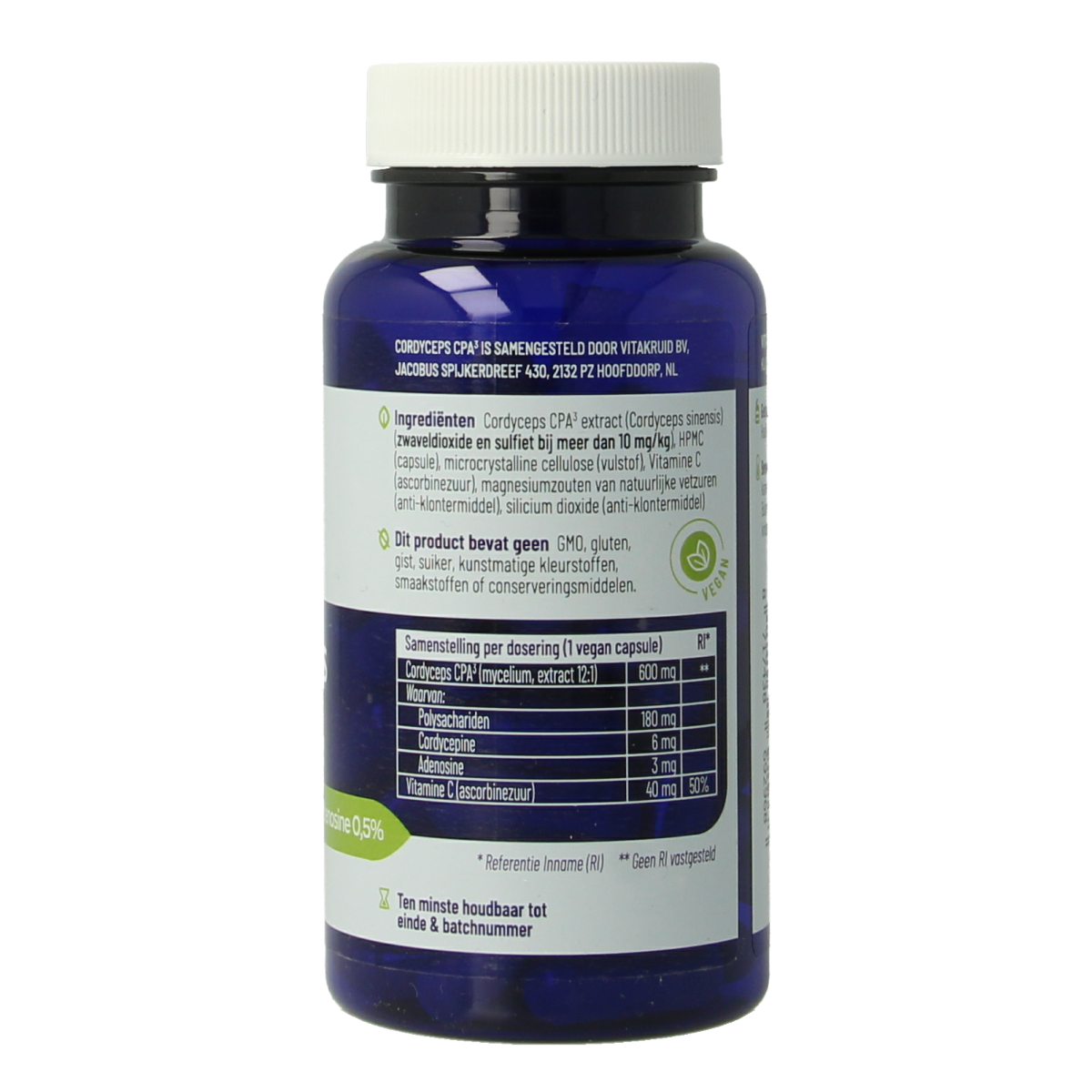 Vitakruid Cordyceps CPA3 mycelium extract vegetarian capsules in a bottle, highlighting herbal supplement packaging.