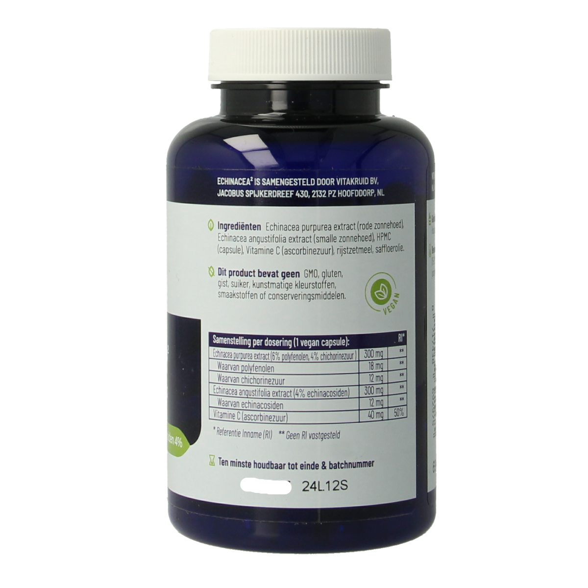 Vitakruid Echinacea purpurea and angustifolia herbal capsules in vegetarian capsules, 90-count, for immune support.