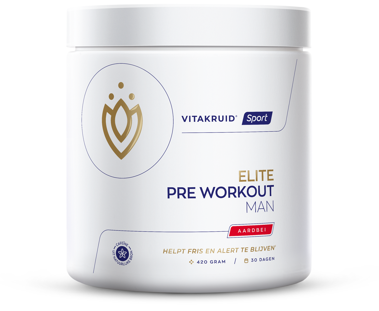 Vitakruid Elite Pre Workout Aminozuren supplement, 420g container, close-up of the product label and packaging.