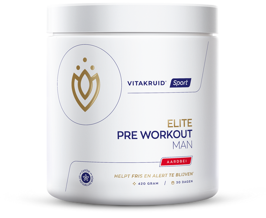 Vitakruid Elite Pre Workout Aminozuren supplement, 420g container, close-up of the product label and packaging.