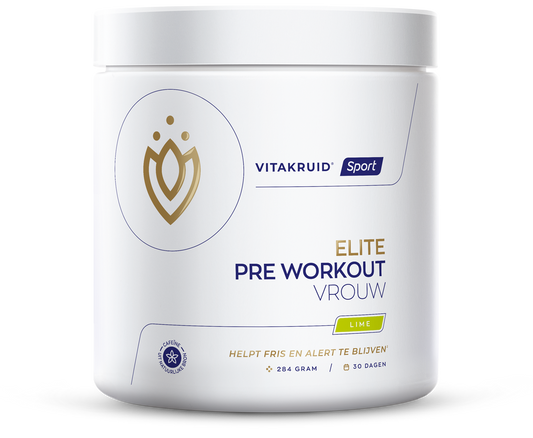 Vitakruid Elite pre-workout amino acids supplement for women in 284g container, showing the product packaging and label.