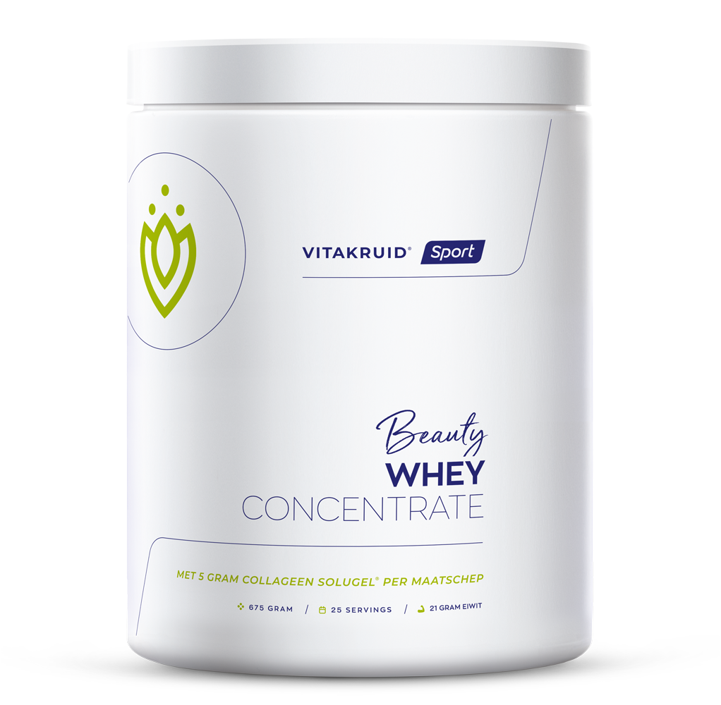 Vitakruid Beauty Whey protein with 5g collagen solugel, amino acids supplement in 675g container, close-up of the product jar.