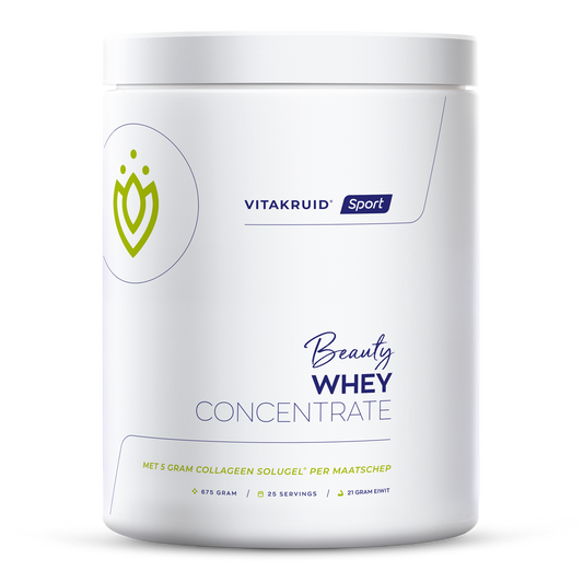 Vitakruid Beauty Whey protein with 5g collagen solugel, amino acids supplement in 675g container, close-up of the product jar.