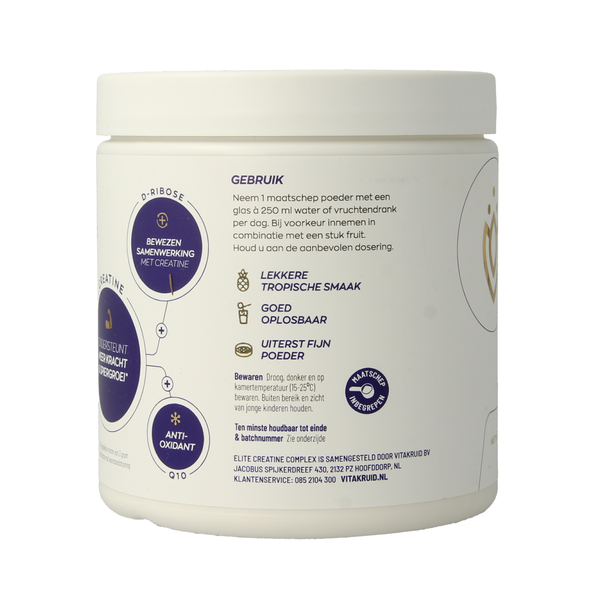 Vitakruid Elite Creatine Complex supplement with D-Ribose, Q10, and Magnesium, in 315g herbal supplement container.