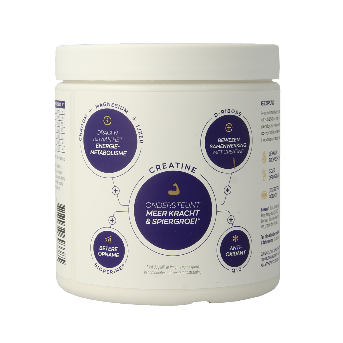 Vitakruid Elite Creatine Complex supplement with D-Ribose, Q10, and magnesium in 315g container, herbal supplement packaging.