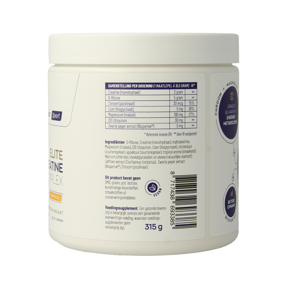 Bottle of Vitakruid Elite Creatine Complex with D-Ribose, Q10, and Magnesium Tropic, 315g herbal supplement container