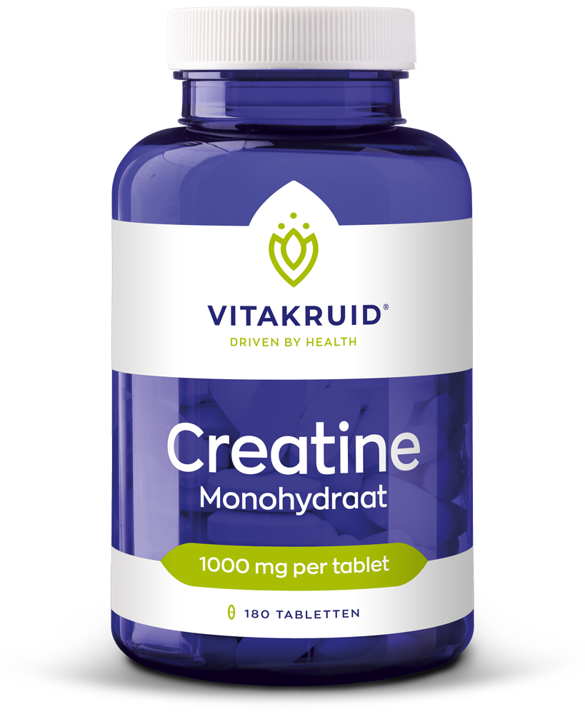 Bottle of Vitakruid Creatine Monohydrate 1000mg amino acid tablets, with 180 tablets in the container.