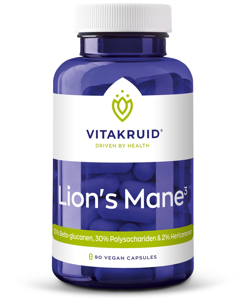 Vitakruid Lions Mane vegetarian capsules in a bottle, herbal supplement for cognitive support and mental clarity.