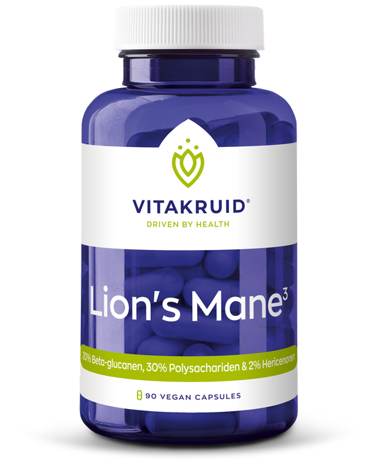 Vitakruid Lions Mane vegetarian capsules in a bottle, herbal supplement for cognitive support and mental clarity.