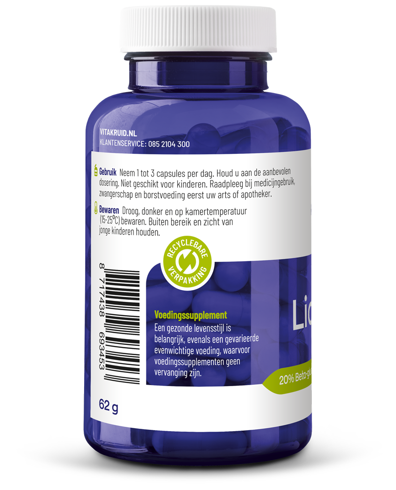 Vegetarische capsules van Vitakruid Lions Mane kruidenpreparaat, witte capsules met groene print op witte achtergrond