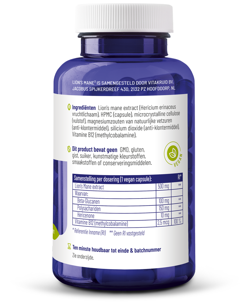 Vitakruid Lions Mane vegetarian capsules in a bottle, herbal supplement for cognitive support, on a white background.