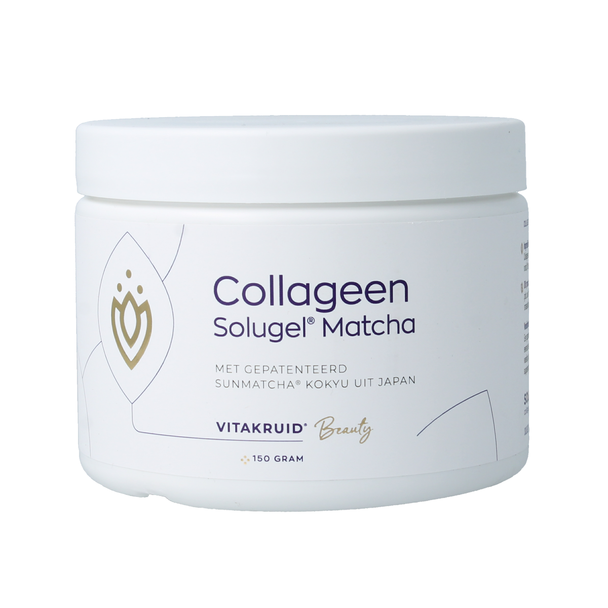 Vitakruid Matcha collageen supplement with sunmatcha and solugel, 150g jar showing the product packaging and label