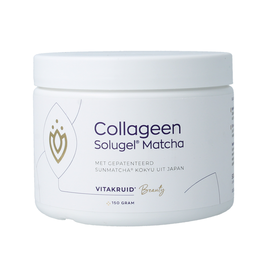 Vitakruid Matcha collageen supplement with sunmatcha and solugel, 150g jar showing the product packaging and label