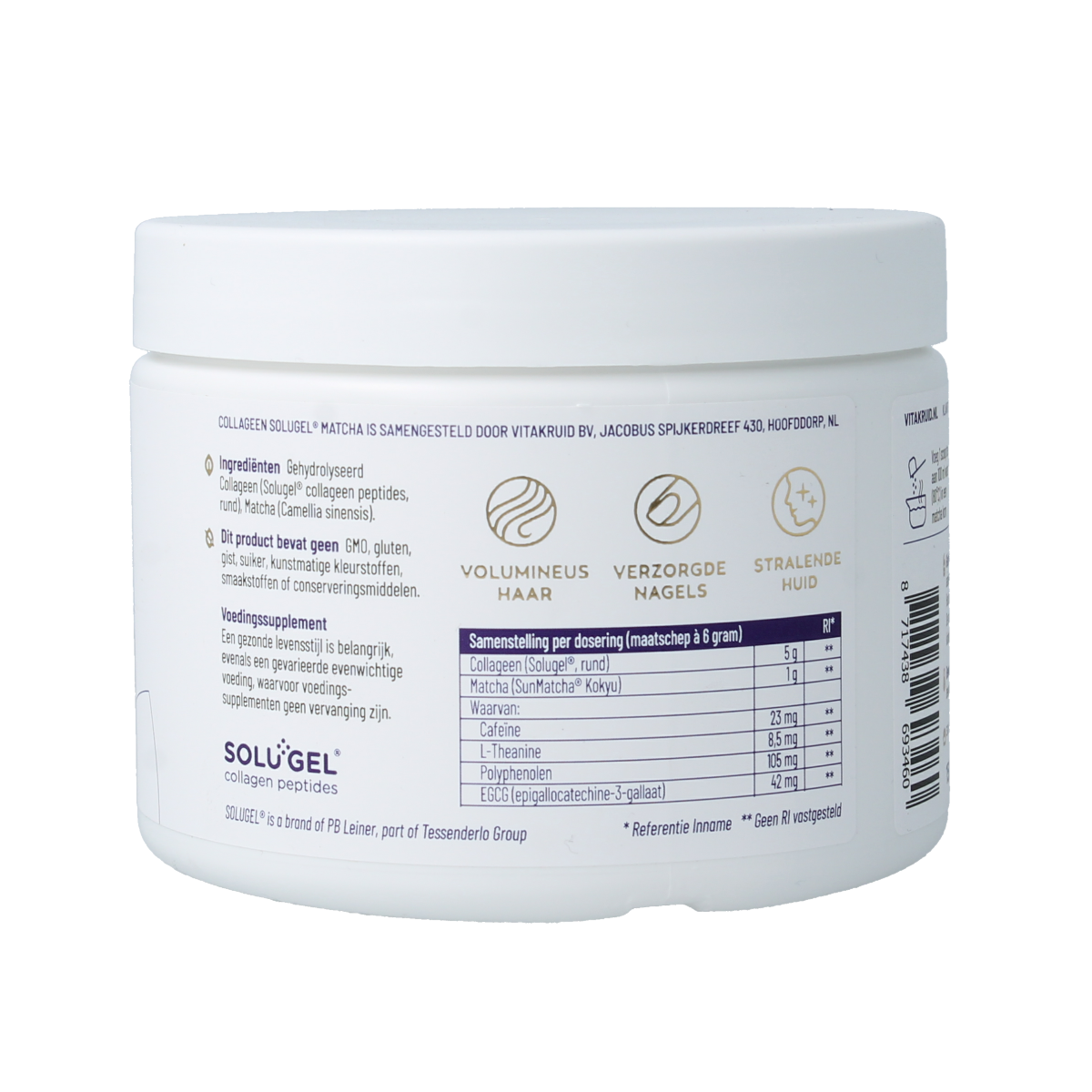 Vitakruid Matcha collageen supplement with SunMatcha and Solugel, 150g jar showing green matcha powder and collagen capsules.