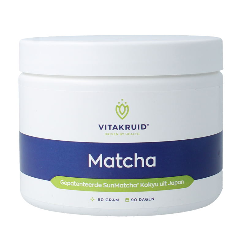 Vitakruid Matcha Premium Sunmatcha Kokyu from Japan, 90g, organic green tea powder with vibrant green leaves and traditional tea preparation.