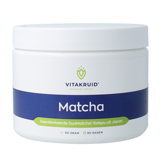Vitakruid Matcha Premium Sunmatcha Kokyu from Japan, 90g, organic green tea powder with vibrant green leaves and traditional tea preparation.
