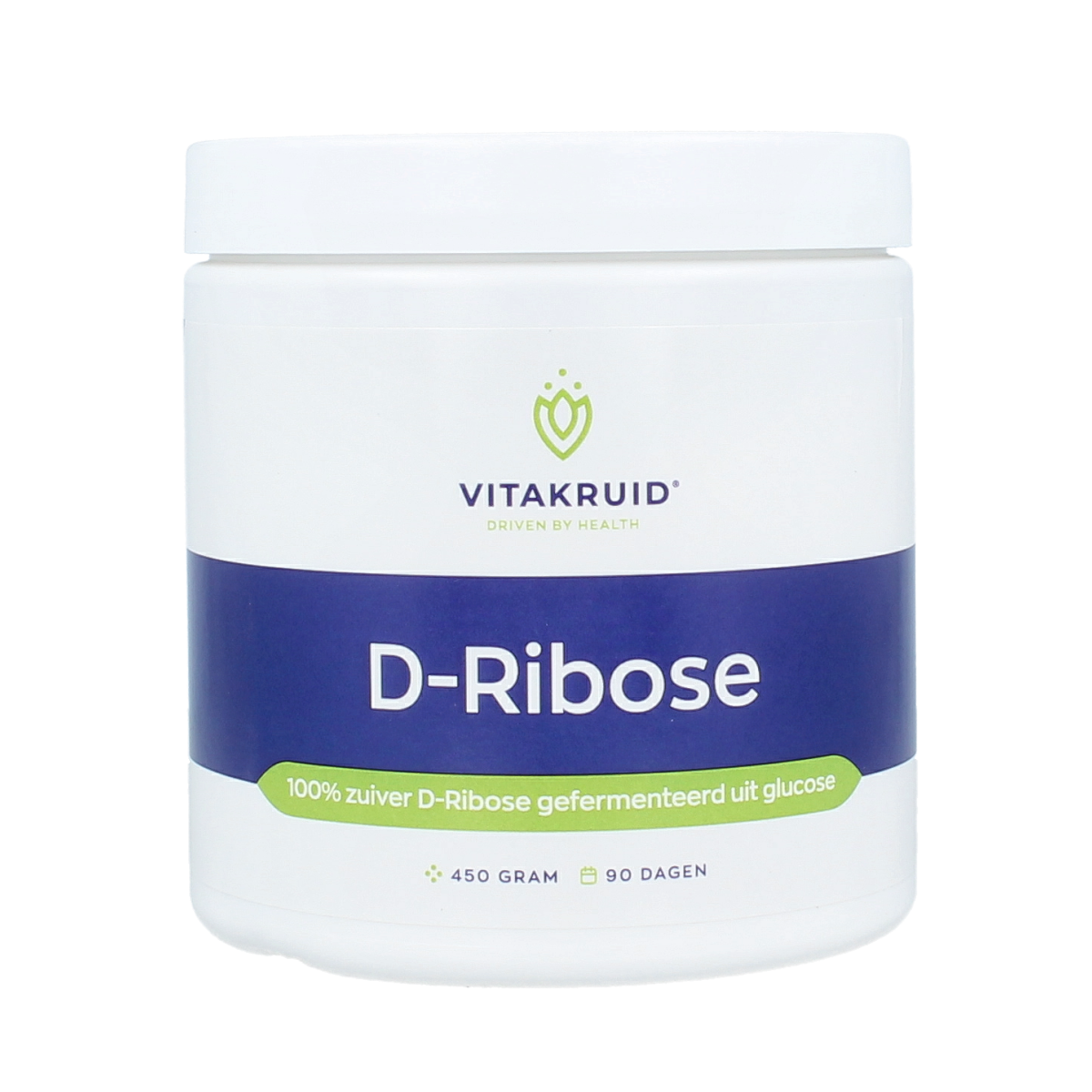 Vitakruid D-Ribose kruidpreparaat in 450g verpakking, puur gefermenteerd uit glucose, close-up of the product container.