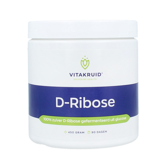 Vitakruid D-Ribose kruidpreparaat in 450g verpakking, puur gefermenteerd uit glucose, close-up of the product container.