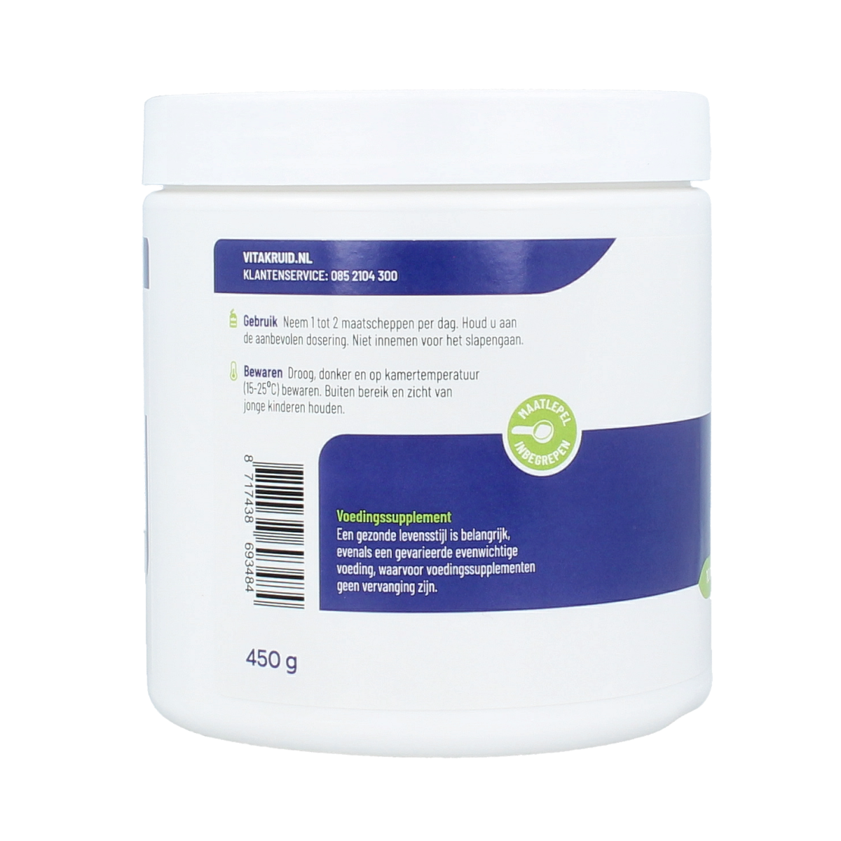 Vitakruid D-Ribose puur gefermenteerd uit glucose, 450g, kruidenpreparaat with white powder in a jar.
