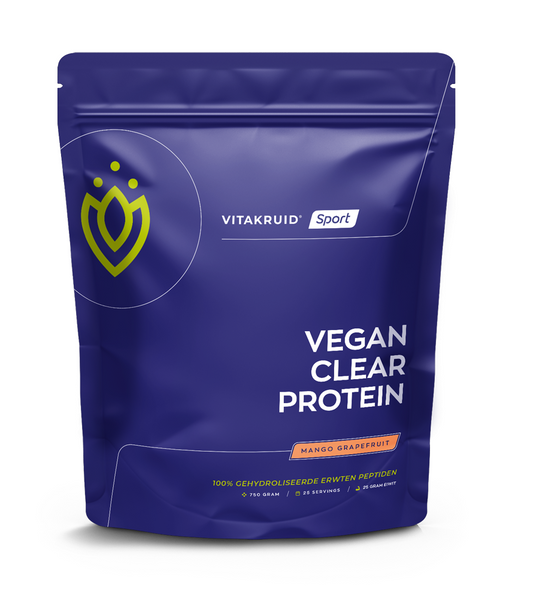 VitaKruid Vegan Clear Protein Aminozuren powder in mango grapefruit flavor, 750 grams container, featuring a scoop and vibrant label.