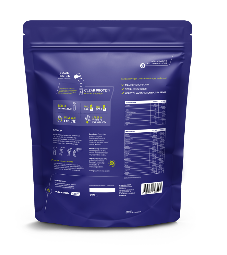 VitaKruid Vegan Clear Protein in Mango Grapefruit flavor, amino acids powder in a 750g container, natural plant-based supplement