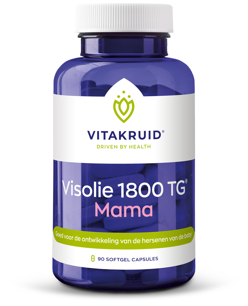 Softgel capsules of Vitakruid Visolie 1800 TG Mama omega-3 fatty acids, displayed in a clear bottle.