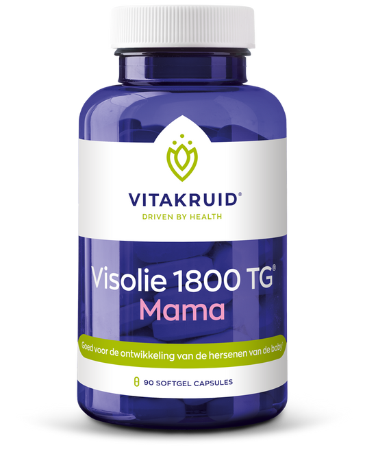 Softgel capsules of Vitakruid Visolie 1800 TG Mama omega-3 fatty acids, displayed in a clear bottle.