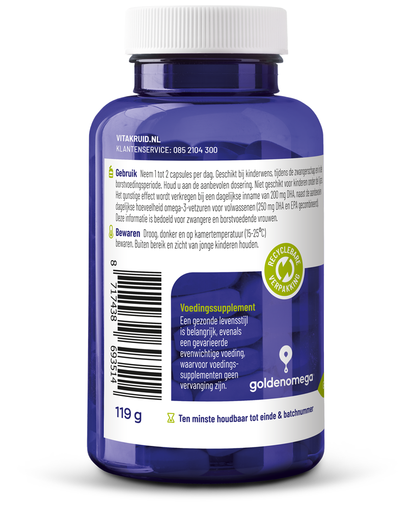 Softgel capsules of Vitakruid Visolie 1800 TG mama omega-3 fatty acids, displayed in a clear container.
