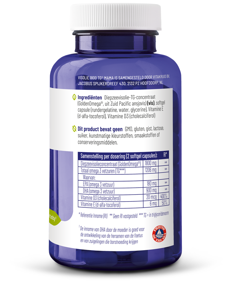 Vitakruid Visolie 1800 TG Mama softgels, dietary omega-3 vetzuren supplement in a bottle with 90 softgel capsules