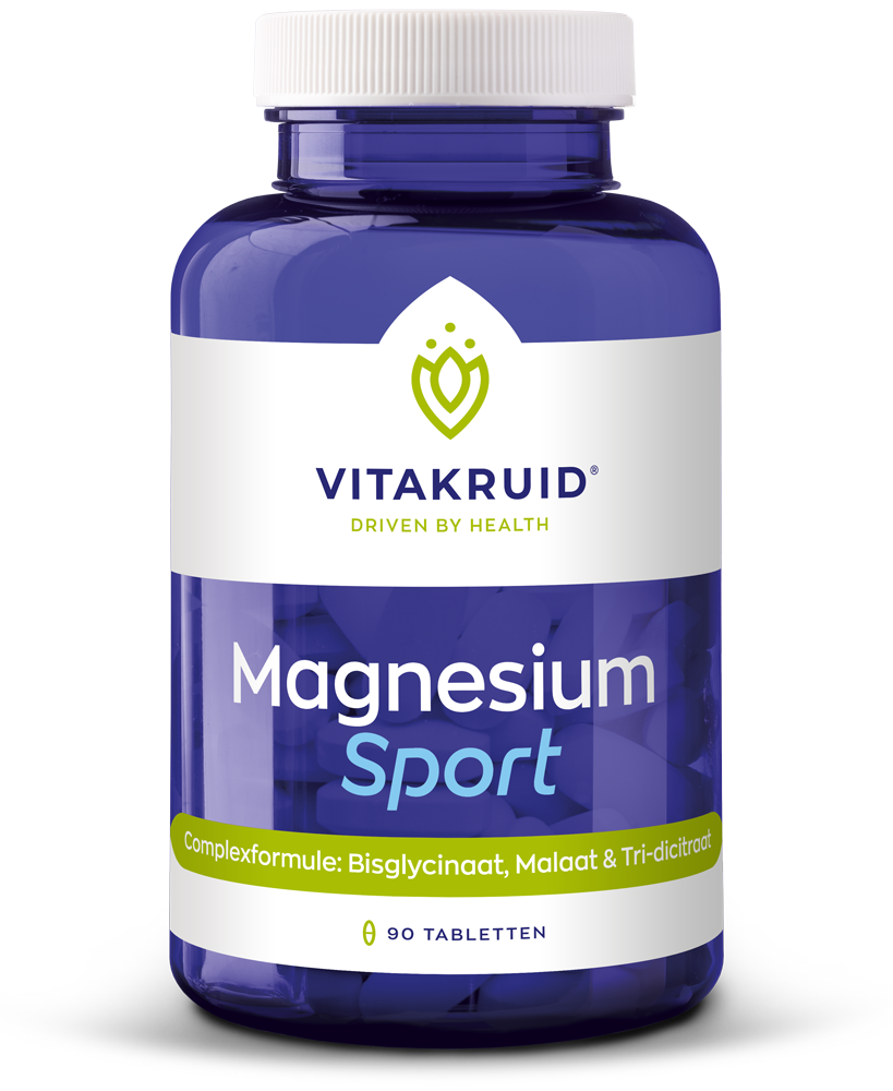 Vitakruid Magnesium Sport bisglycinaat malaat tri-dicitraat tablets, mineral supplement, supplement bottles with tablets visible