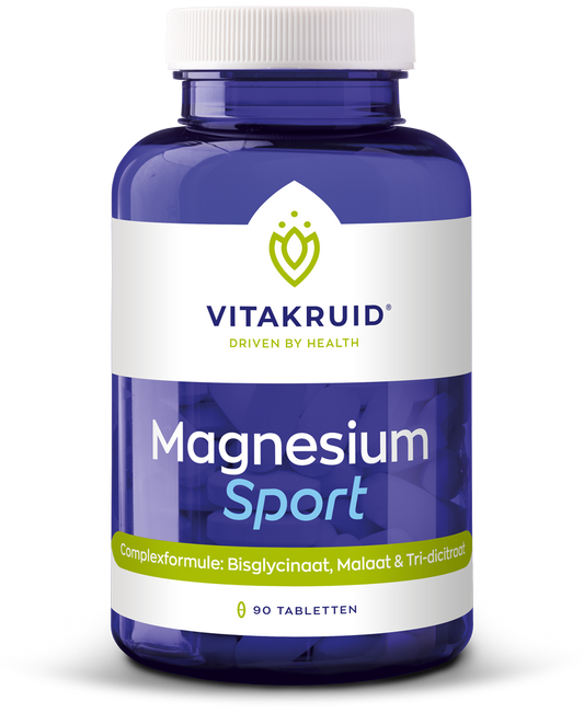 Vitakruid Magnesium Sport bisglycinaat malaat tri-dicitraat tablets, mineral supplement, supplement bottles with tablets visible