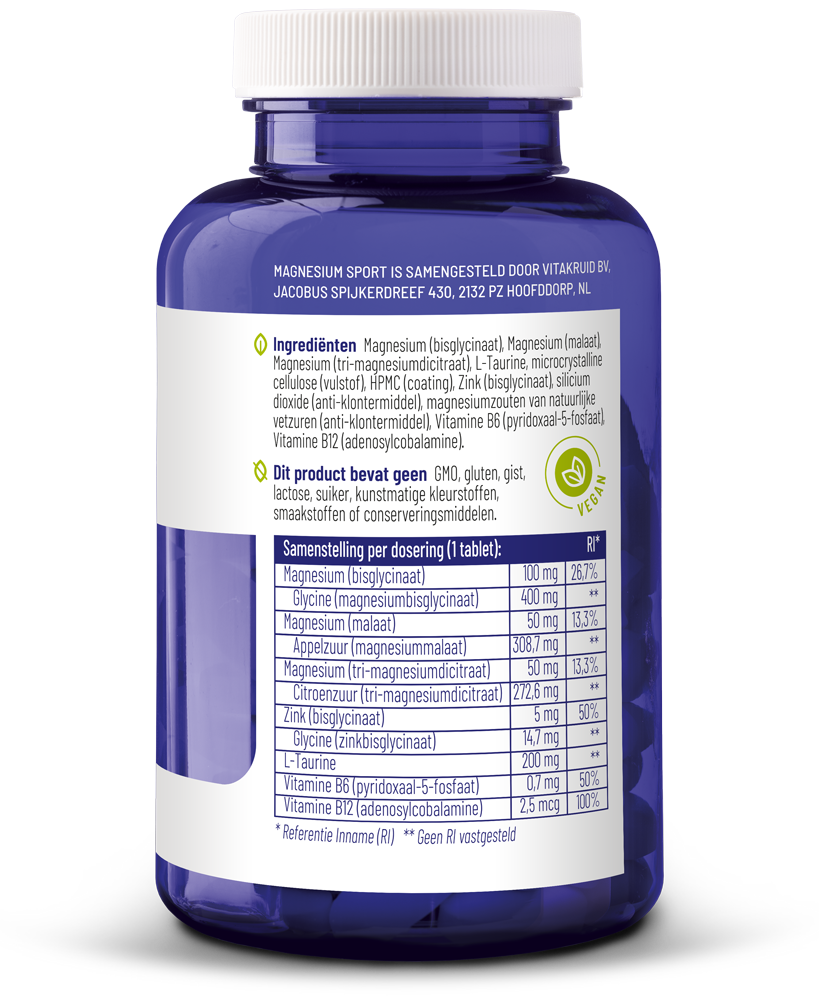 Vitakruid Magnesium Sport bisglycinaat malaat tri-dicitraat tablets, mineral supplement showing a bottle with tablets inside.