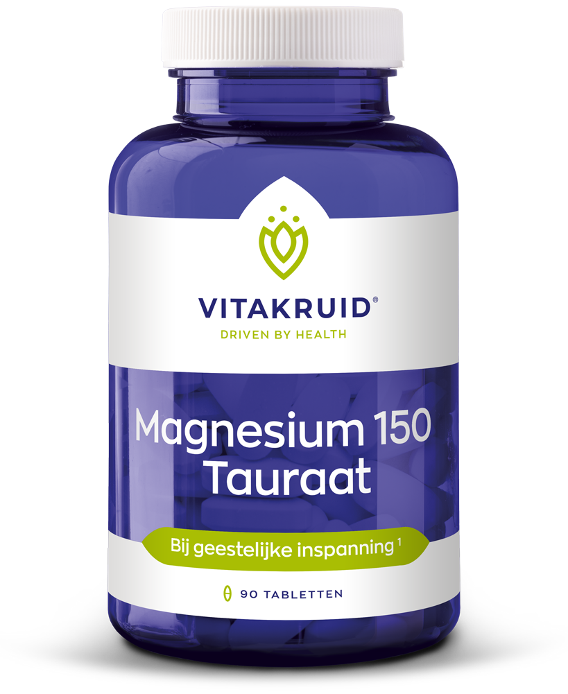 Vitakruid Magnesium 150 Tauraat with vitamin B6 tablets, mineral supplement, close-up of bottle and tablets on a white background