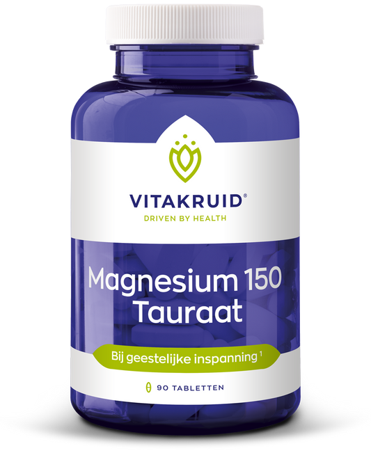 Vitakruid Magnesium 150 Tauraat with vitamin B6 tablets, mineral supplement, close-up of bottle and tablets on a white background