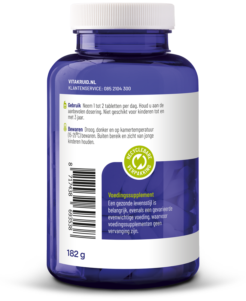Vitakruid Magnesium 150 Tauraat with vitamine B6 tablets, mineral supplement in a bottle, 90 tablets visible in the image.