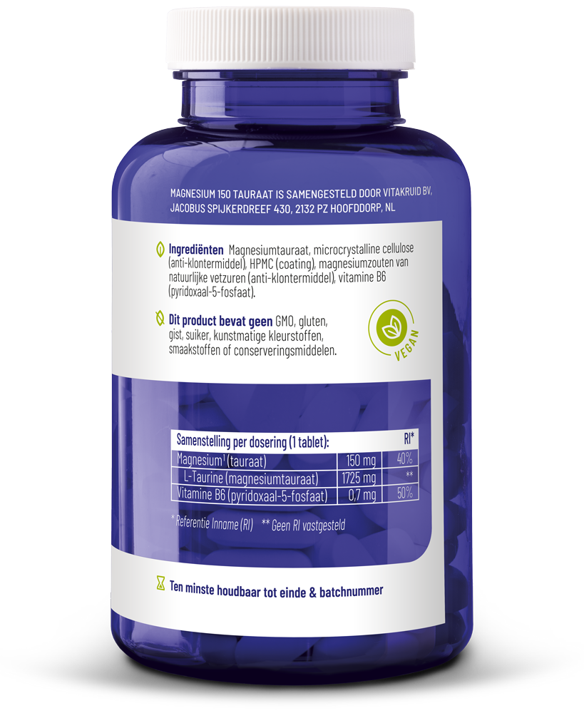 Vitakruid Magnesium 150 Tauraat with vitamin B6 tablets, mineral supplement in a bottle, shown in the product image.