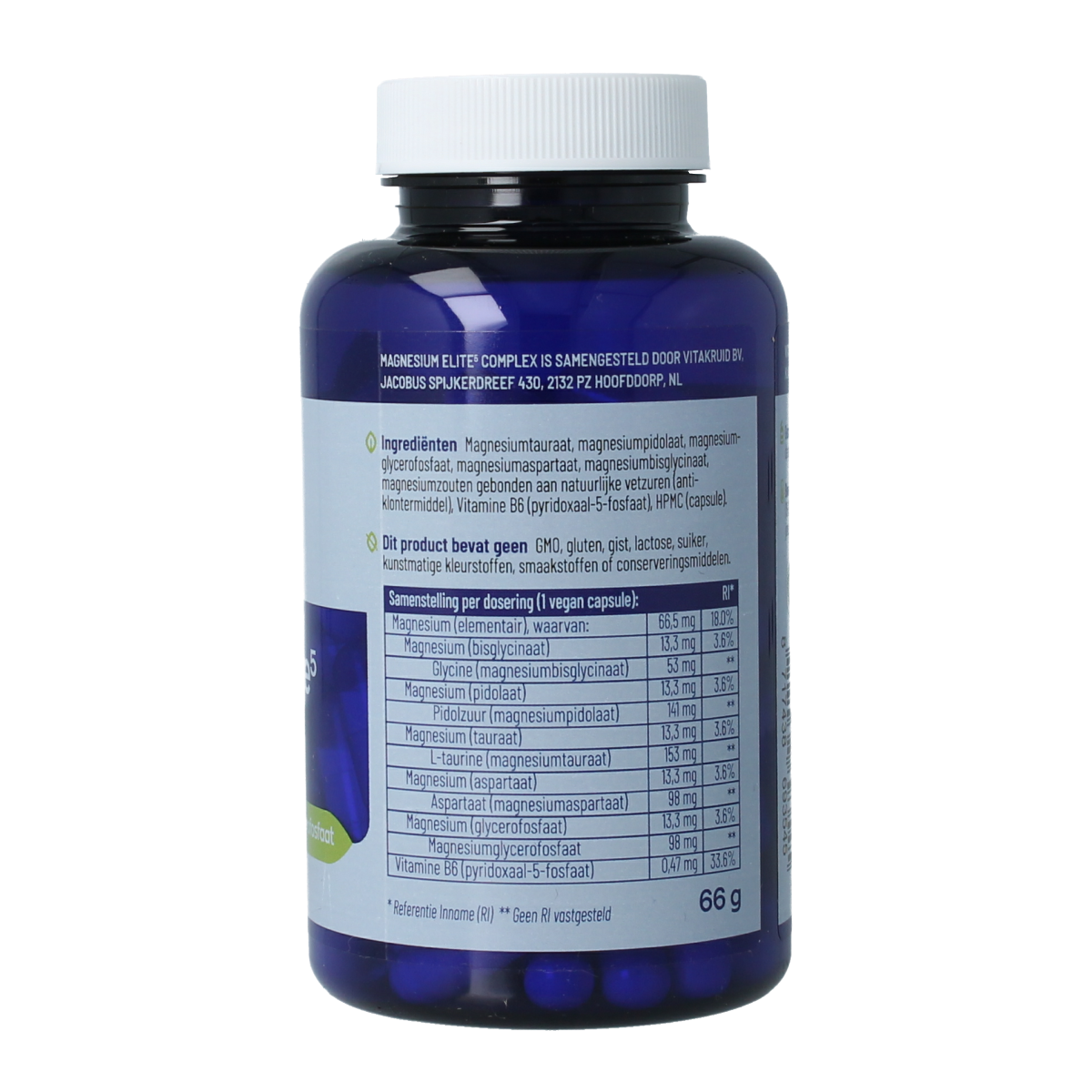Vitakruid Magnesium Elite5 complex vegetarian capsules, mineral supplement with magnesium aspartate and pidolate in a bottle.
