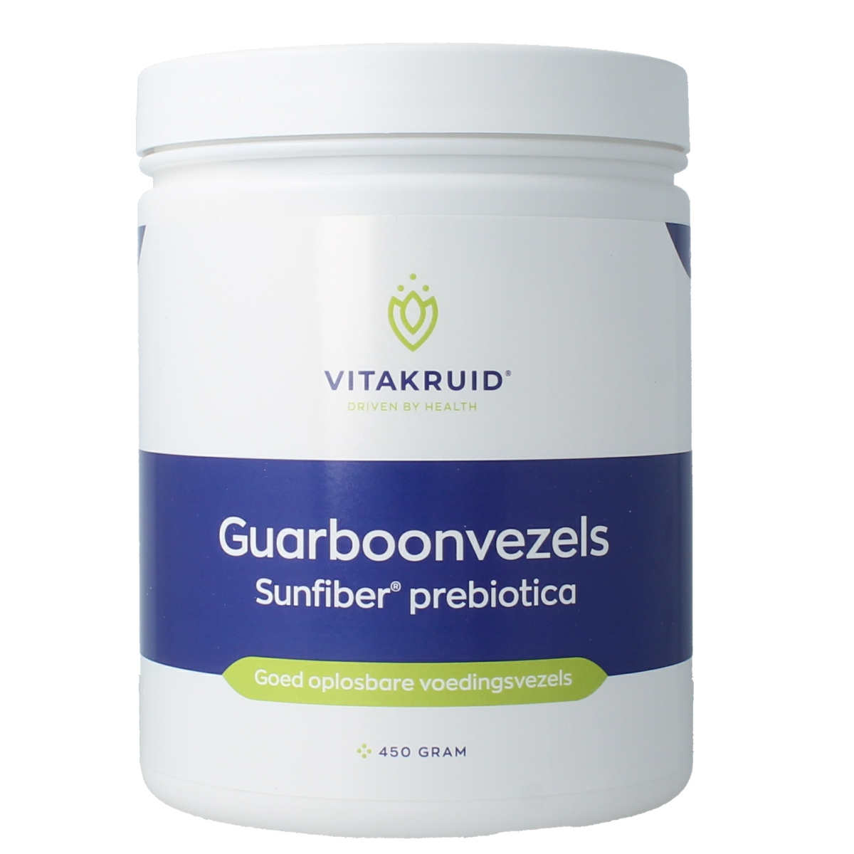 Vitakruid Guarboonvezels Sunfiber prebiotica supplement with micro-organismen, 450 grams, in a clear container with label.