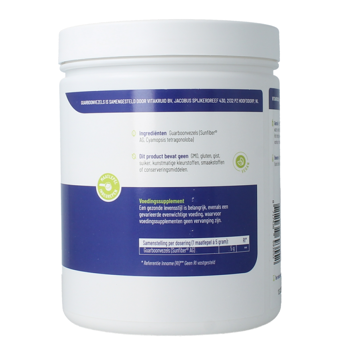 Vitakruid Guarboonvezels Sunfiber prebiotica supplement in 450g container, featuring micro-organismen for digestive health.