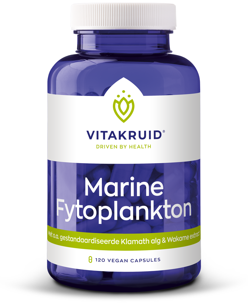 Vegetarische capsules van Vitakruid Marine fytoplankton met Klamath en wakame extract, kruidenpreparaat voor welzijn.