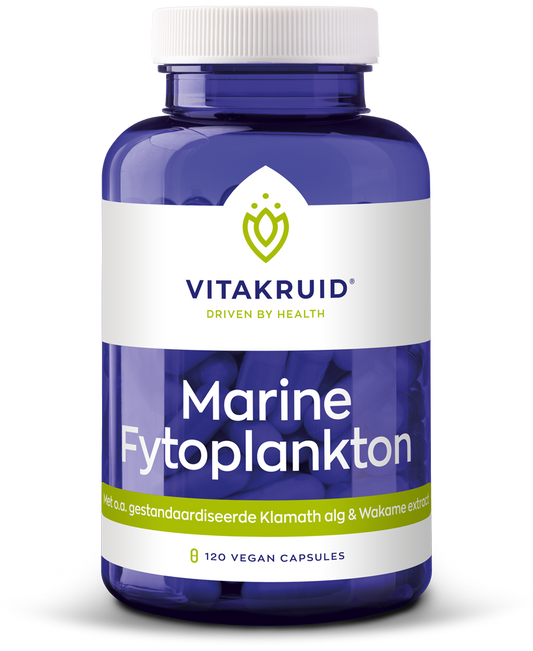 Vegetarische capsules van Vitakruid Marine fytoplankton met Klamath en wakame extract, kruidenpreparaat voor welzijn.