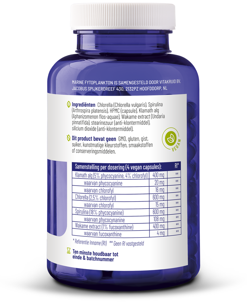 Vegetarische capsules van Vitakruid Marine fytoplankton met klamath en wakame extract, kruidensupplement in capsulevorm