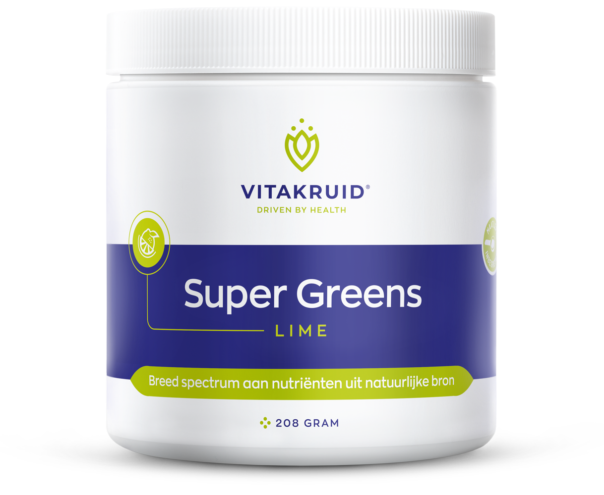 Vitakruid Super Greens Lime probiotic and enzyme herbal supplement in 208g container, featuring fresh lime flavor and green powder.