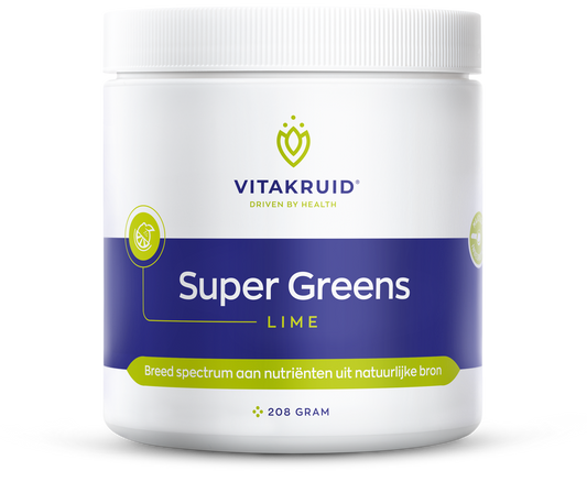 Vitakruid Super Greens Lime probiotic and enzyme herbal supplement in 208g container, featuring fresh lime flavor and green powder.