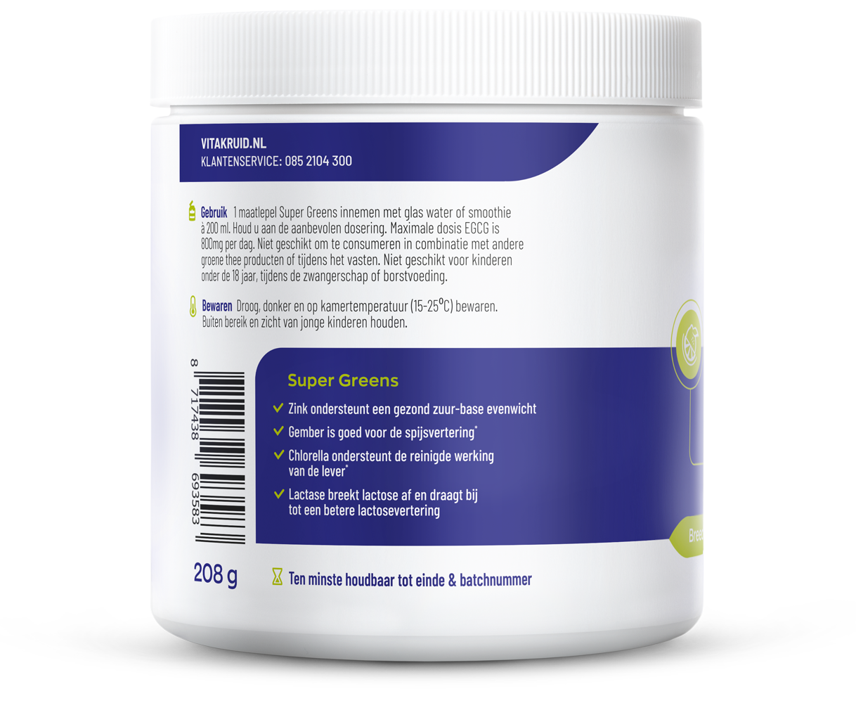 Vitakruid Super Greens Lime probiotic and enzyme herbal supplement in 208g jar, green powder with lime flavor.