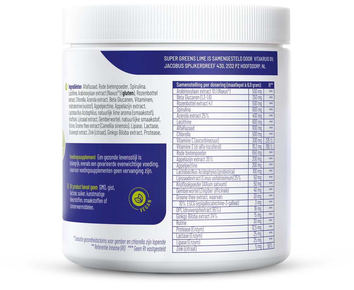 Vitakruid Super Greens lime probiotic and enzyme supplement in 208g container, herbal supplement for digestive health.
