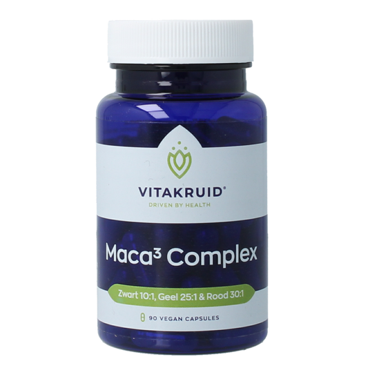 Vitakruid Maca3 complex kruidenpreparaten capsules in zwart, geel en rood, 90 vegetarische capsules, natuurlijke supplementen