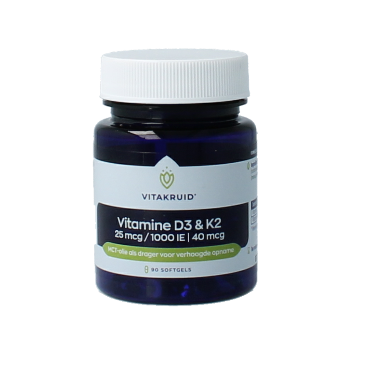 Vitakruid Vitamin D3 & K2 softgels in MCT oil, 90 count, for enhanced absorption, dietary supplement, supplement bottle shot