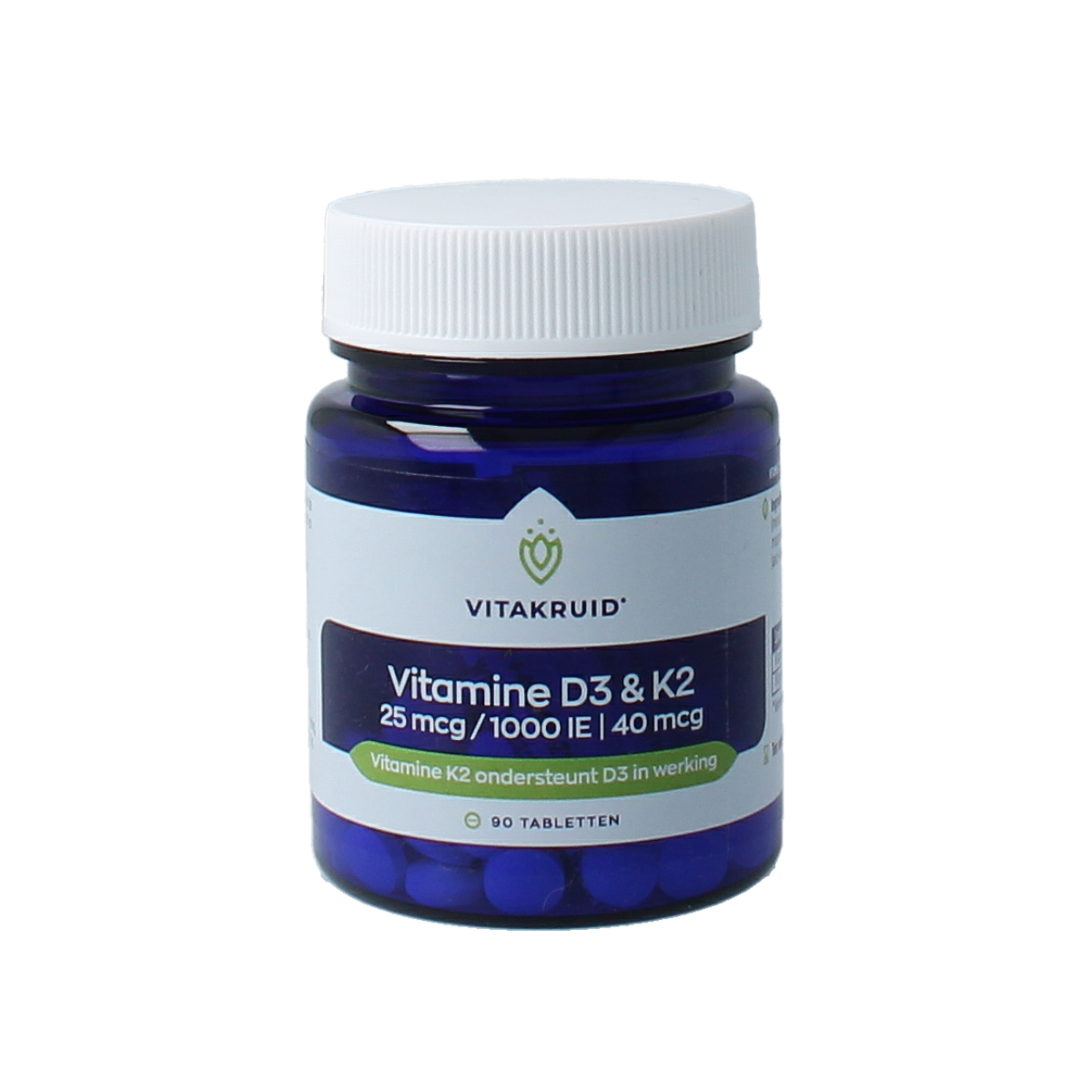 Vitakruid Vitamin D3 25mcg and K2 40mcg multivitamin tablets, showing the supplement packaging and tablets.